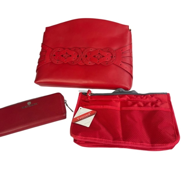 Vince Camuto Large Leather Clutch in Red Color plus Accessories - Picture 7 of 14